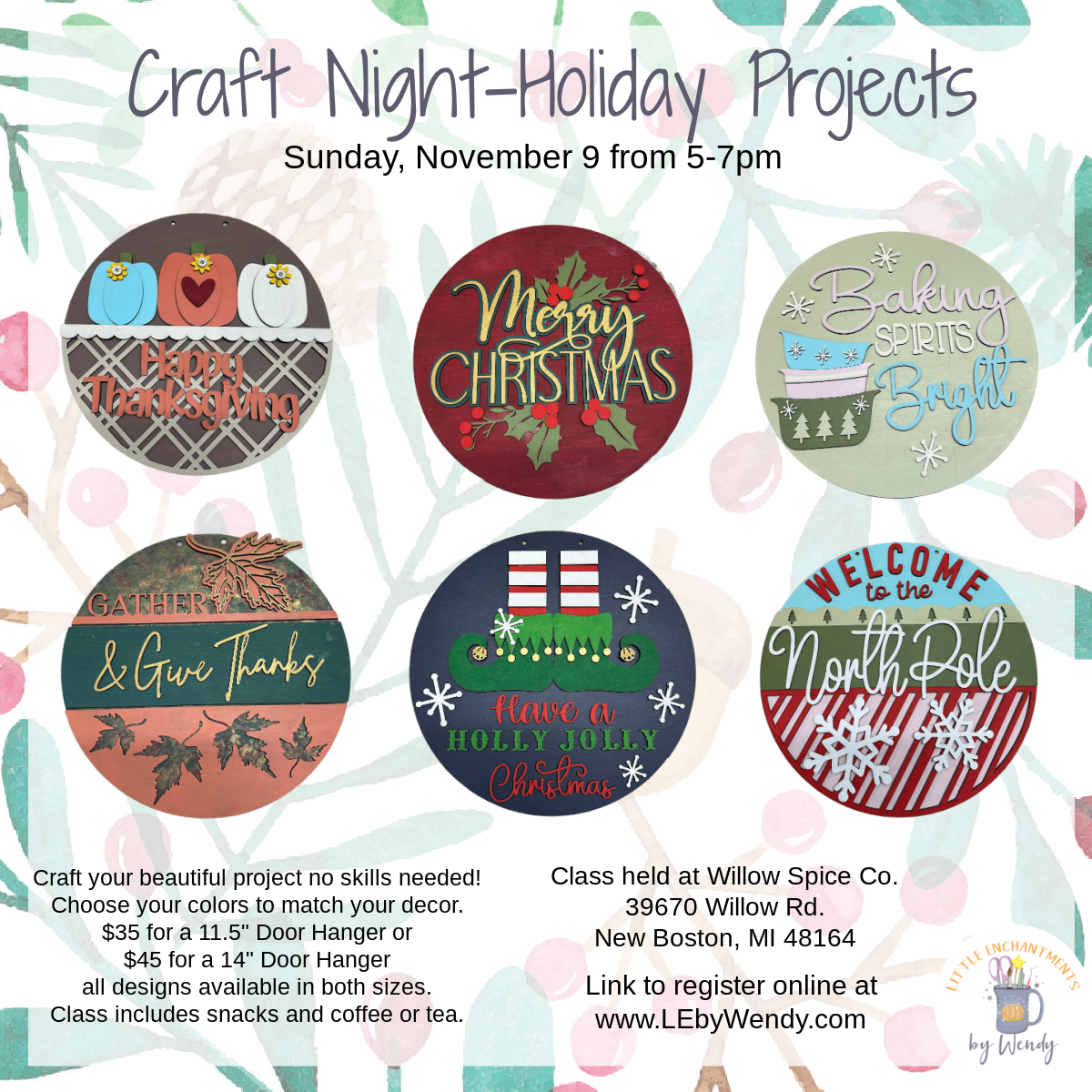 Craft Night - Holiday Projects - Sunday 11/9 at Willow Spice Company