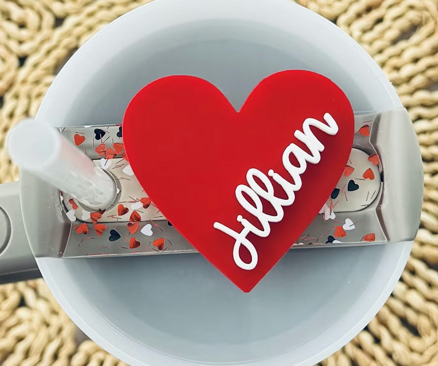 Personalized Heart Tumbler Topper – Acrylic Name Tag